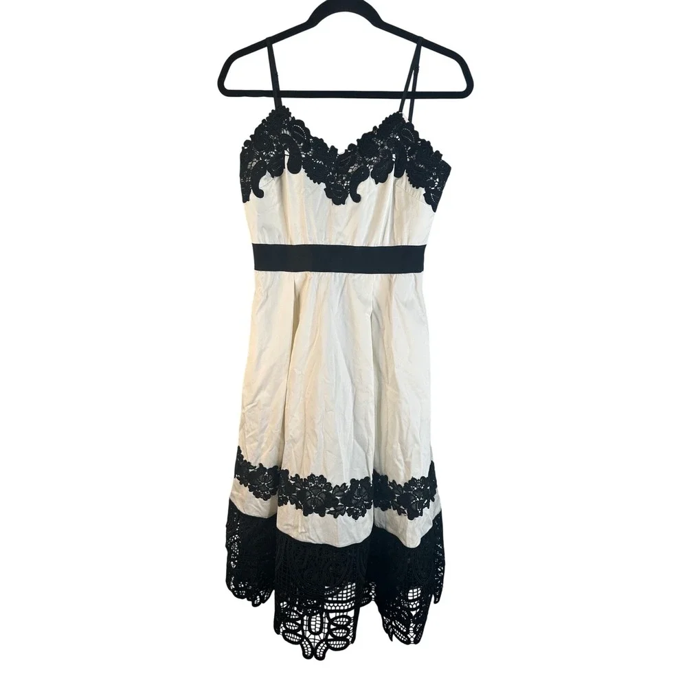 STAND Women's White Black Lace Trim Fit and Flare Cocktail Dress Size Medium